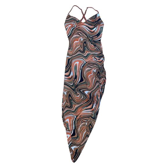 RUDA Orange Brown Print Asymmetrical Ruched Bodycon Dress Size: XS - Picture 1 of 3
